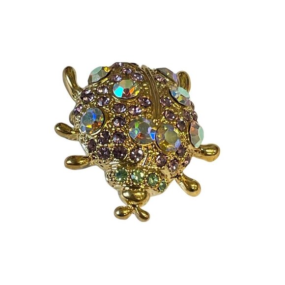 Vintage Gold-Tone Ladybug Brooch With Purple Iridescent Rhinestones - Picture 3 of 4